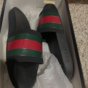 Gucci Black Slides with Red and Green Accents